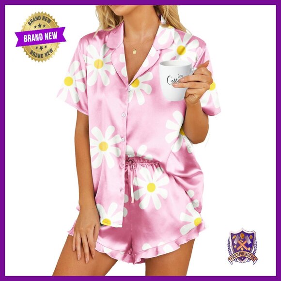 Women's Satin Pajama Set Short Sleeve Button Down Shorts Sleepwear